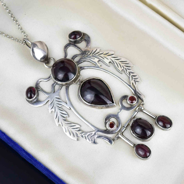 Vintage Large Sterling Silver Leaf Garnet Cabochon Pendant Necklace - Boylerpf