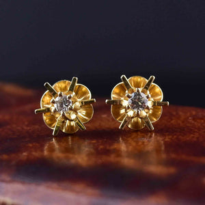 Vintage 14K Gold Diamond Buttercup Stud Earrings - Boylerpf