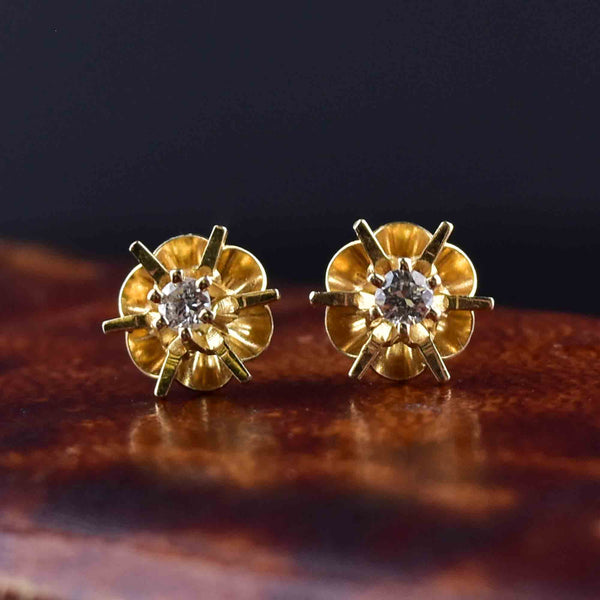 Vintage 14K Gold Diamond Buttercup Stud Earrings - Boylerpf