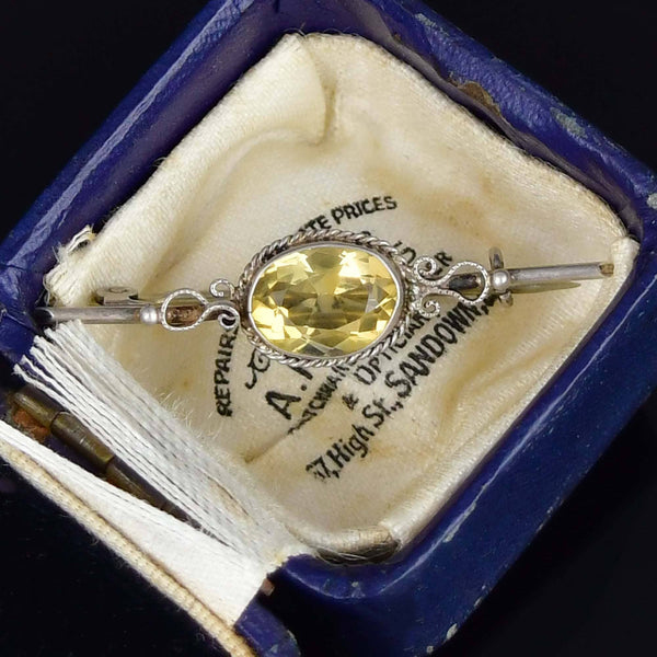 Vintage Sterling Silver Citrine Bar Brooch
