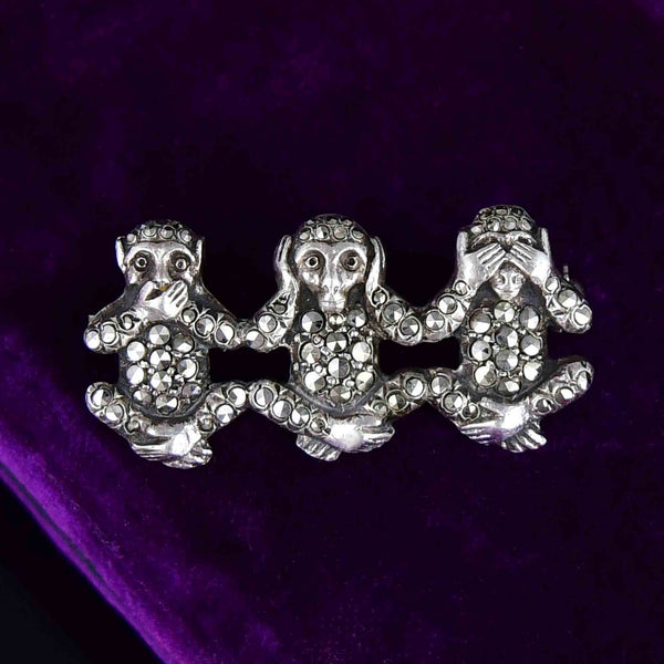Sterling Silver Marcasite See, Hear, Speak No Evil Monkey Brooch - Boylerpf