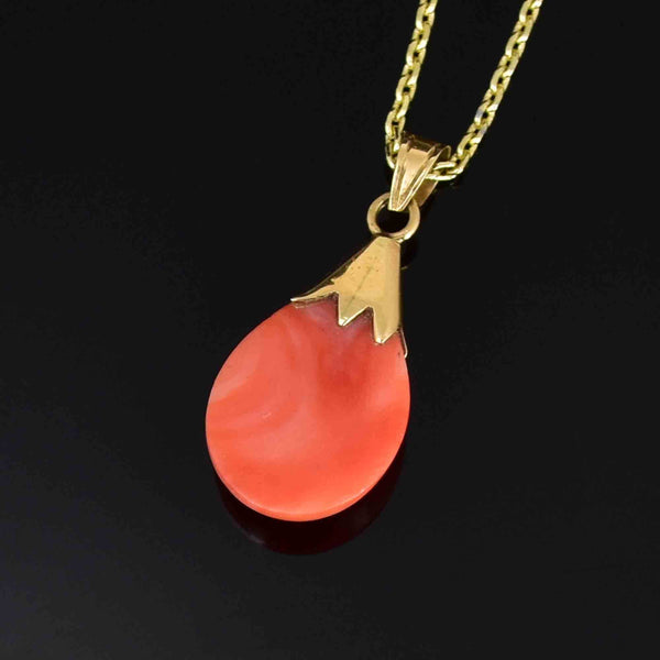 14K Gold Natural Salmon Coral Teardrop Pendant Necklace - Boylerpf