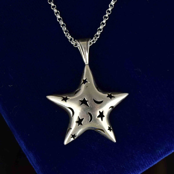 Vintage Sterling Silver Large Stars and Moons Cutout Pendant Necklace - Boylerpf