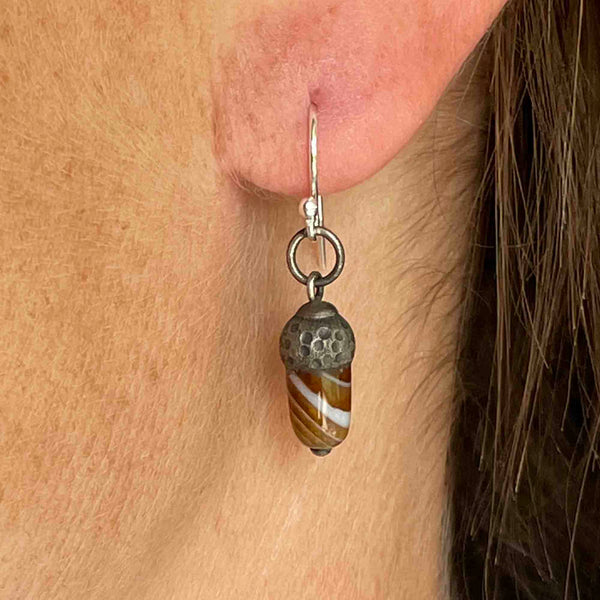 Silver Banded Agate Acorn Drop Earrings - Boylerpf