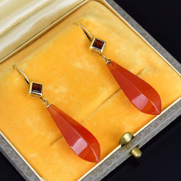 Vintage 10K Gold Garnet Carnelian Drop Earrings
