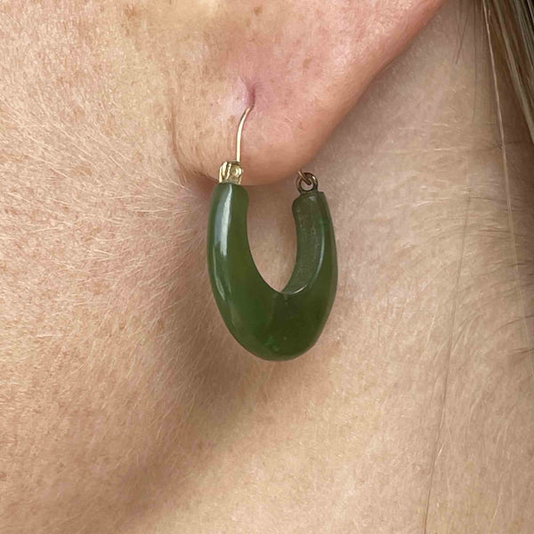 Vintage 14K Gold Carved Jade Hoop Earrings - Boylerpf