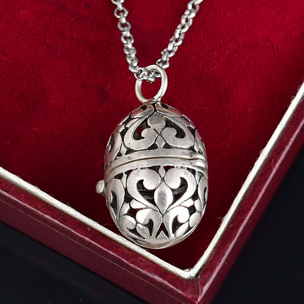 Antique Sterling Silver Egg Vinaigrette Pendant Necklace - Boylerpf