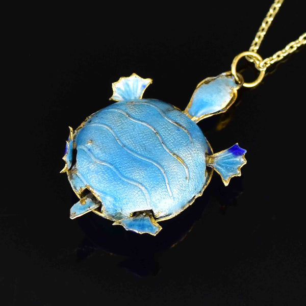 Vintage Blue Enamel Articulated Turtle Pendant Necklace - Boylerpf