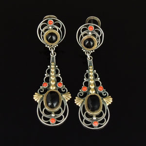 Vintage Sterling Silver Coral Onyx Drop Earrings - Boylerpf