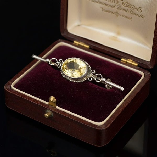 Vintage Sterling Silver Citrine Bar Brooch