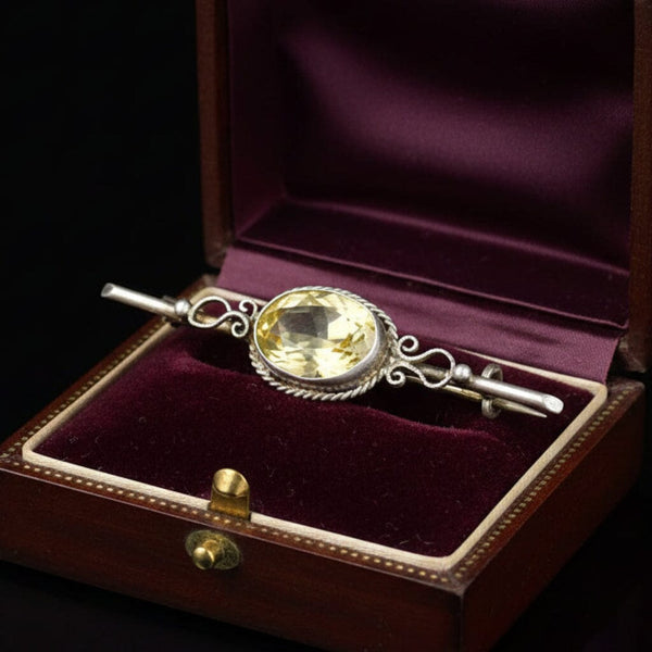 Vintage Sterling Silver Citrine Bar Brooch