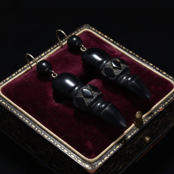 Antique Victorian Long Drop Whitby Jet Earrings - Boylerpf