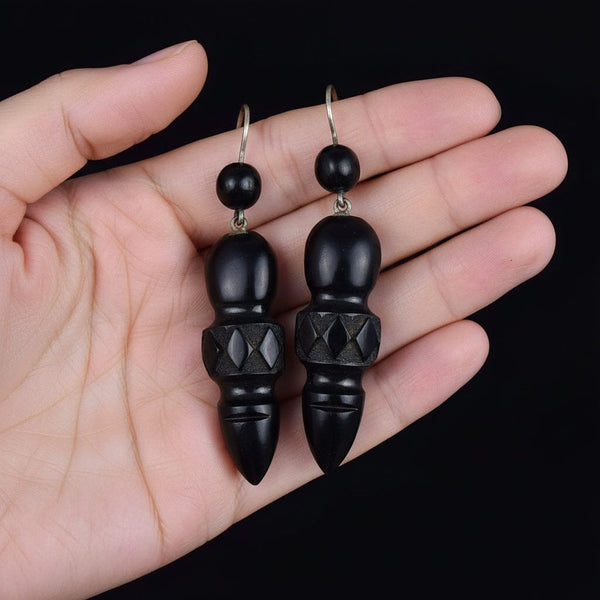 Antique Victorian Long Drop Whitby Jet Earrings - Boylerpf