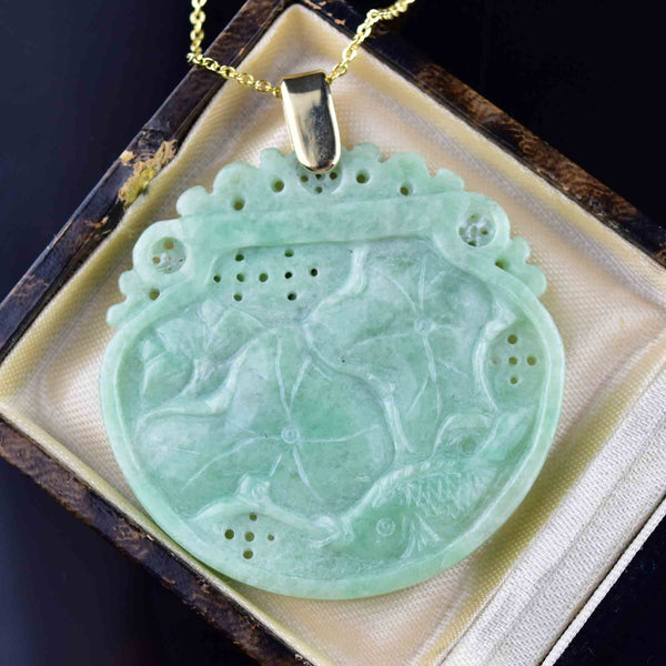 Vintage 14K Gold Carved Jade Fish Lilly Pad Pendant Necklace - Boylerpf