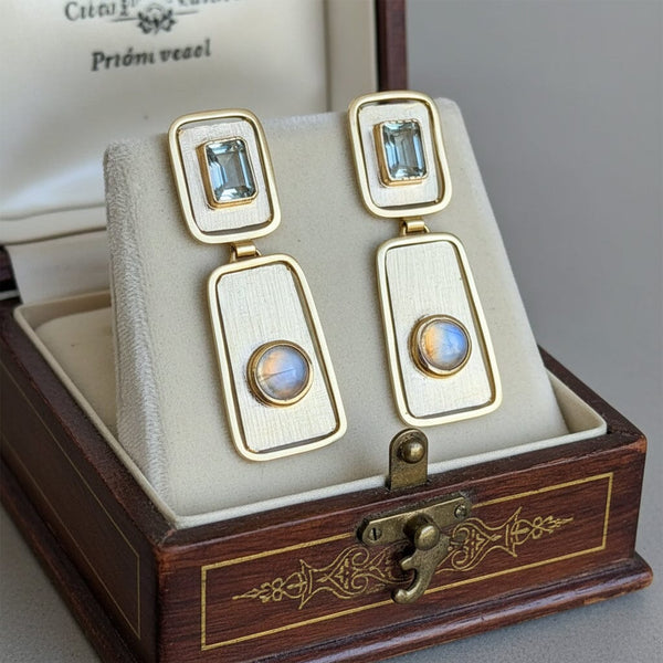 Vintage Moonstone Blue Topaz Earrings, 14K Gold Drops - Boylerpf