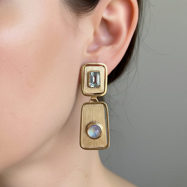 Vintage Moonstone Blue Topaz Earrings, 14K Gold Drops - Boylerpf