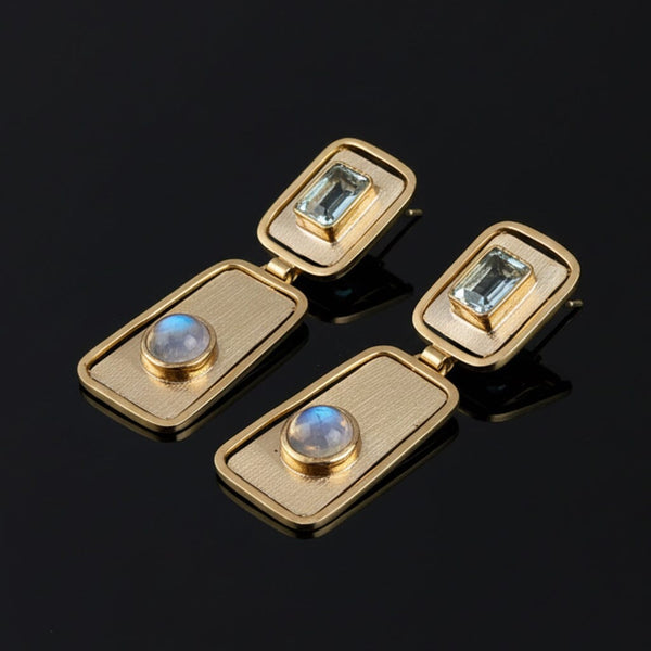 Vintage Moonstone Blue Topaz Earrings, 14K Gold Drops - Boylerpf