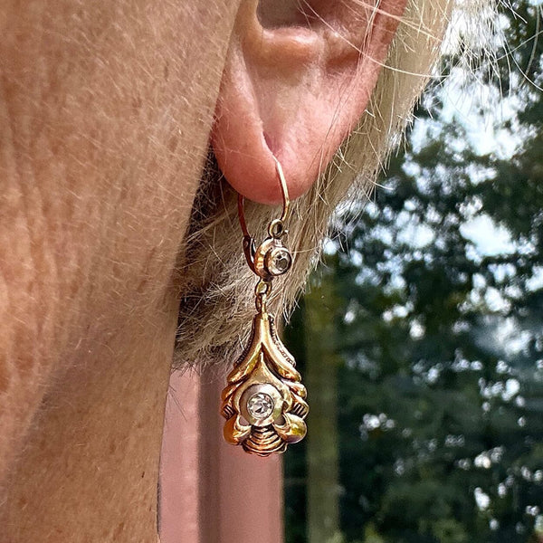 Antique 14K Gold Diamond Paste Dangle Earrings - Boylerpf