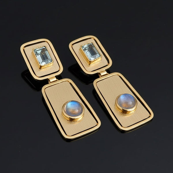 Vintage Moonstone Blue Topaz Earrings, 14K Gold Drops - Boylerpf