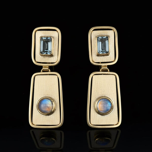 Vintage Moonstone Blue Topaz Earrings, 14K Gold Drops - Boylerpf