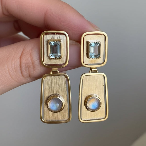 Vintage Moonstone Blue Topaz Earrings, 14K Gold Drops - Boylerpf
