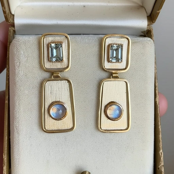 Vintage Moonstone Blue Topaz Earrings, 14K Gold Drops - Boylerpf