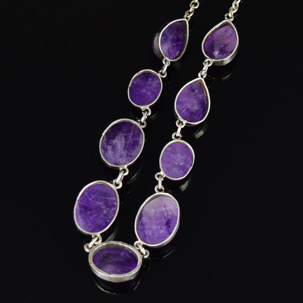 Vintage Sterling Silver Amethyst Cabochon Necklace - Boylerpf