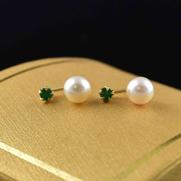 Vintage 14K Gold Emerald Pearl Stud Drop Earrings - Boylerpf