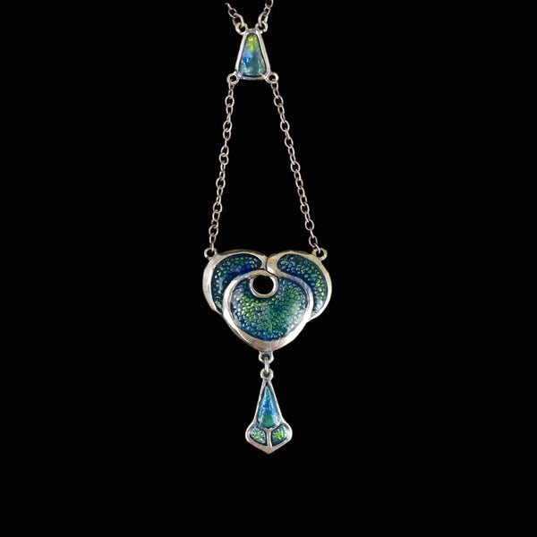 Vintage Art Nouveau Style Silver Enamel Drop Pendant Necklace - Boylerpf