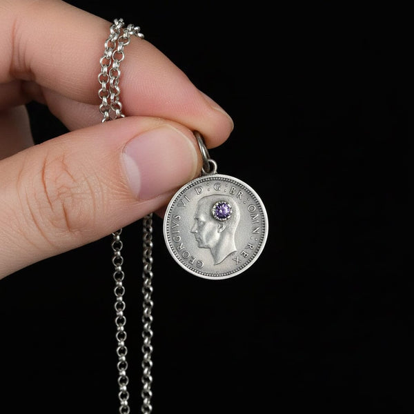 Vintage Three Pence Amethyst King George Coin Necklace - Boylerpf