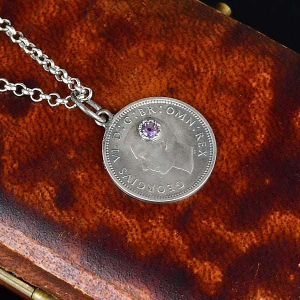 Vintage Three Pence Amethyst King George Coin Necklace - Boylerpf