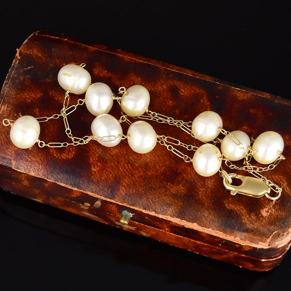 Vintage 14K Gold Baroque Pearl Tin Cup Necklace