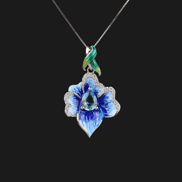 Vintage Sterling Silver Enamel Blue Topaz Flower Pendant Necklace - Boylerpf