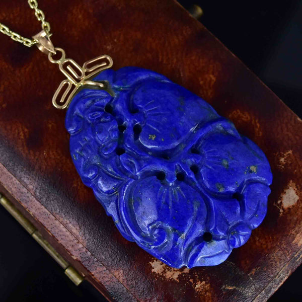 Vintage 14K Gold Carved Lapis Lazuli Flower Pendant Necklace - Boylerpf