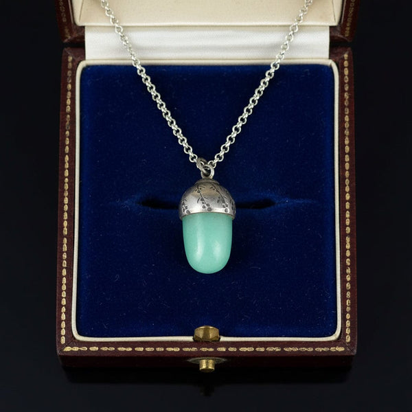 Antique Silver Arts & Crafts Aventurine Acorn Pendant, Lucky Charm