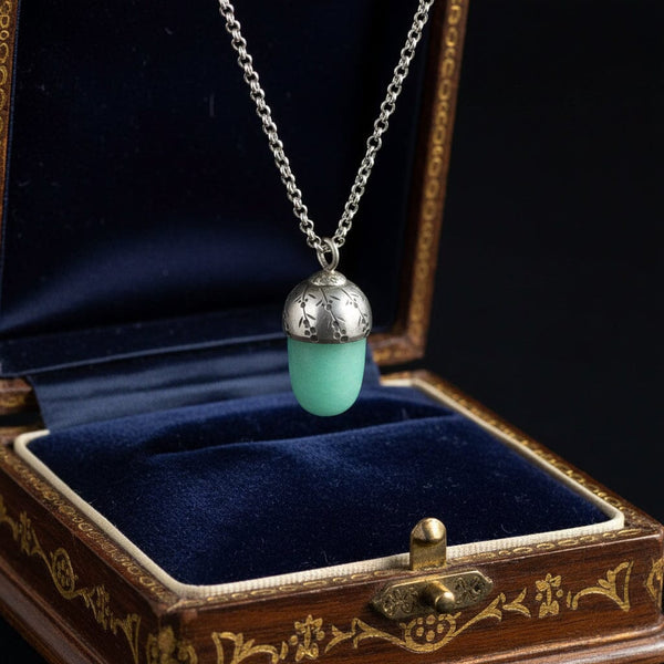 Antique Silver Arts & Crafts Aventurine Acorn Pendant, Lucky Charm