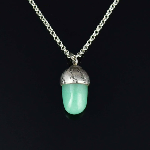 Antique Silver Arts & Crafts Aventurine Acorn Pendant, Lucky Charm