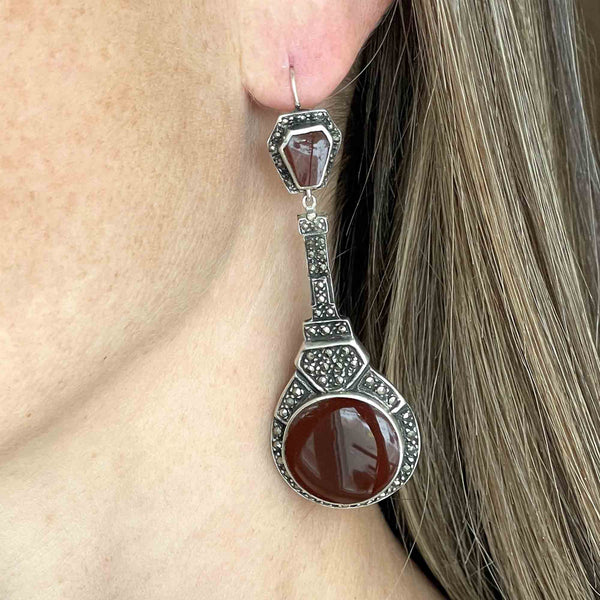 Vintage Art Deco Style Carnelian Marcasite Chandelier Earrings - Boylerpf