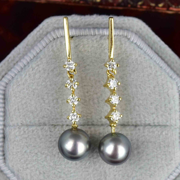 Fine 14K Gold Diamond Gray Pearl Dangle Earrings - Boylerpf