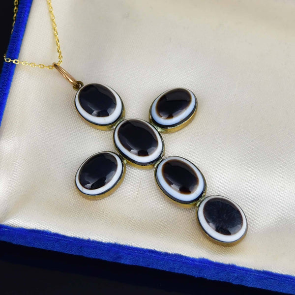 Victorian Bullseye Agate Cross Pendant Pinchbeck Necklace