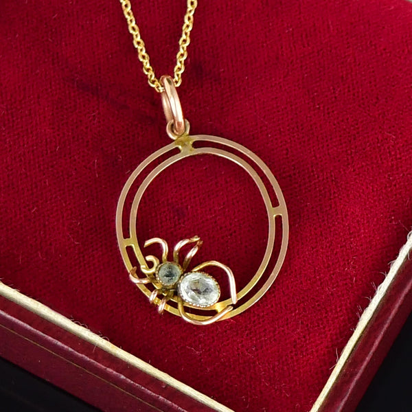 Antique Aquamarine 9K Gold Spider Pendant Necklace