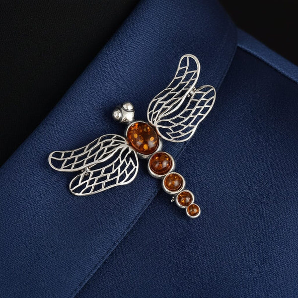 Vintage Amber Dragonfly Sterling Silver Brooch