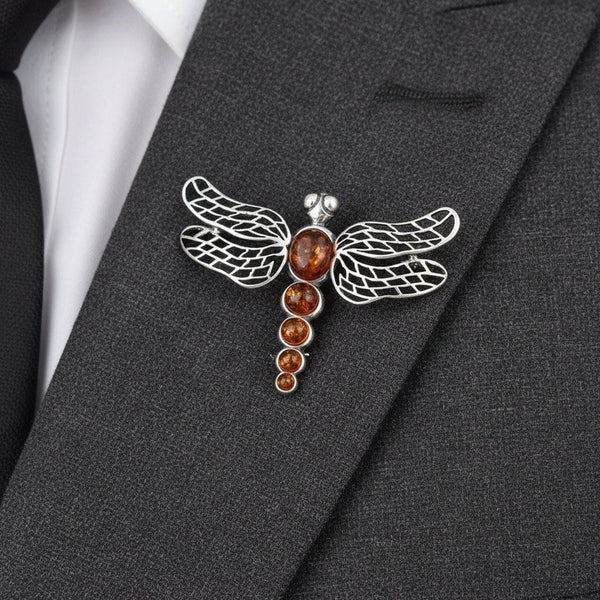 Vintage Amber Dragonfly Sterling Silver Brooch