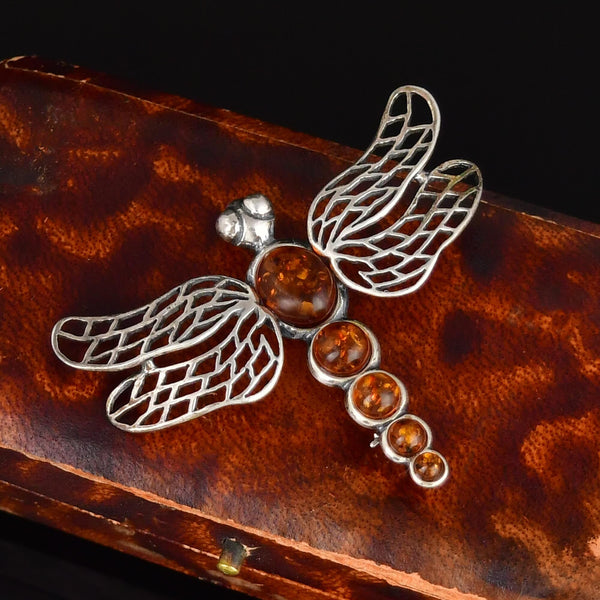Vintage Amber Dragonfly Sterling Silver Brooch