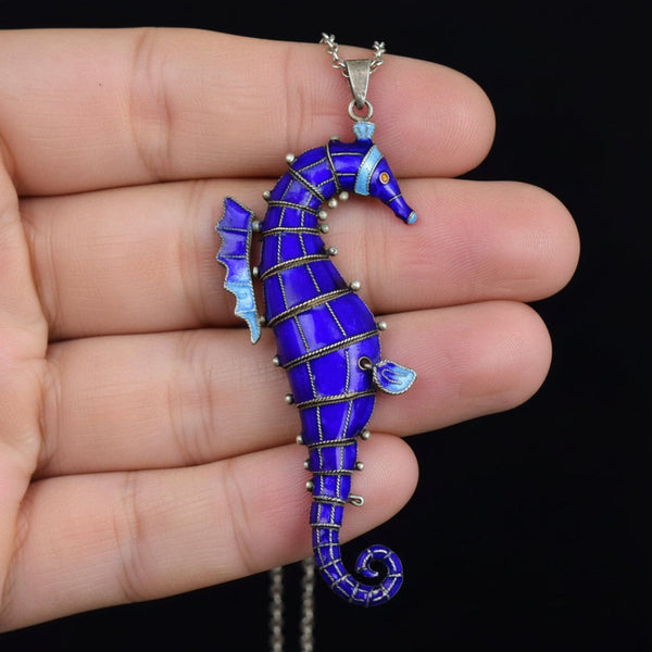 Vintage Articulated Enamel Seahorse Pendant Necklace - Boylerpf