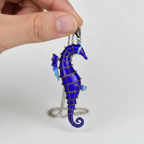 Vintage Articulated Enamel Seahorse Pendant Necklace - Boylerpf