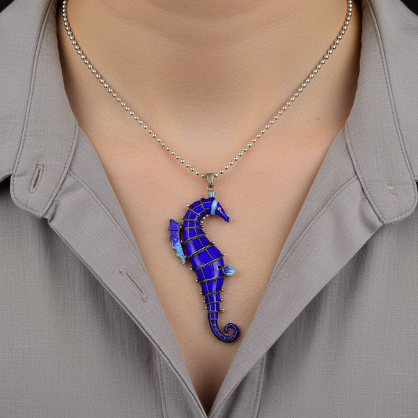 Vintage Articulated Enamel Seahorse Pendant Necklace - Boylerpf