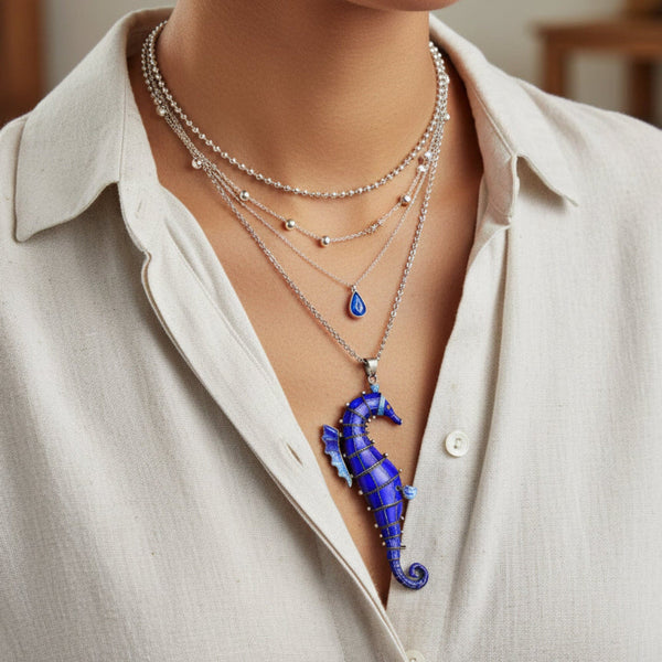 Vintage Articulated Enamel Seahorse Pendant Necklace - Boylerpf