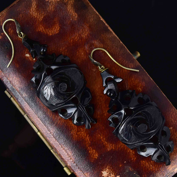 Antique Carved Whitby Jet Victorian Mourning Earrings