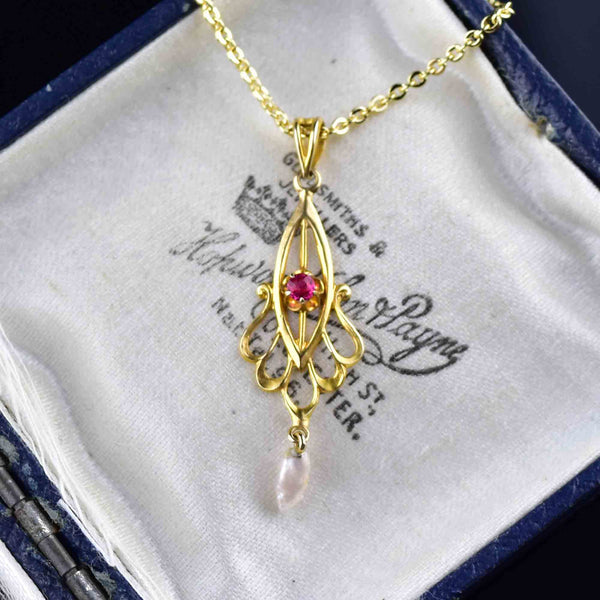 Antique 10K Gold Ruby Pearl Lavalier Pendant Necklace - Boylerpf